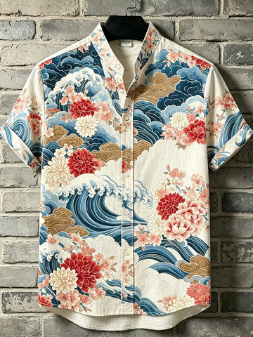 Men's Short-sleeve Button-down Shirt With Japanese Traditional Great Wave And Peony Flower Print