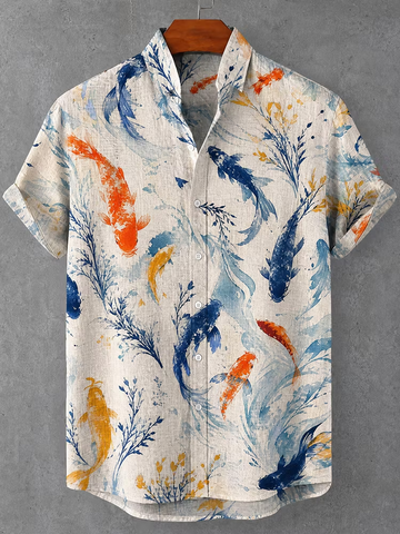 Men's Short Sleeve Lapel Casual Shirt In Off-white With Watercolor Koi Fish And Aquatic Plants Print