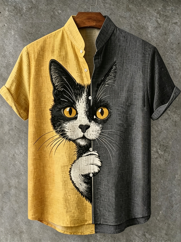 Men's The Peeping Cat In Colorblock Art Casual Short Sleeve Shirts
