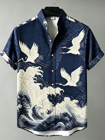 Men's Retro Bohemian Japanese Art Crane And Wave Print Cotton Linen Short-sleeve Shirt