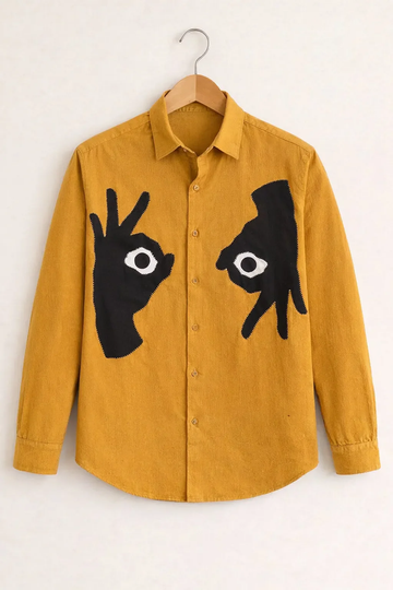 Men’s Artistic Hand Eye Graphic Mustard Shirt