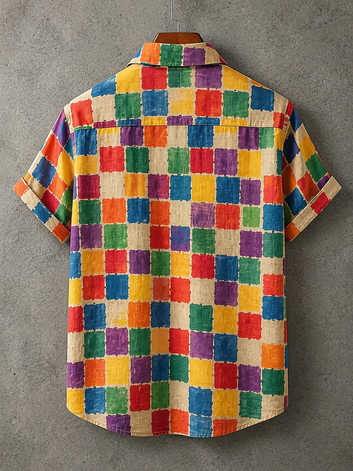 Men's Vintage Black Cat And Color Block Art Casual Short-sleeve Shirt