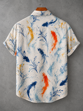 Men's Short Sleeve Lapel Casual Shirt In Off-white With Watercolor Koi Fish And Aquatic Plants Print