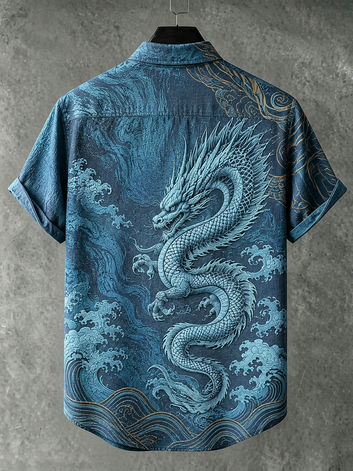 Men's Retro Japanese Art Dragon And Calligraphy Embroidered Print Short-sleeve Shirt
