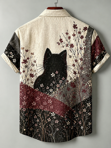 Vintage Black Cat Wild Flower Forest Print Linen Short Sleeve Button Shirt (Copy)