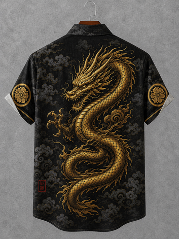 Men's Japanese Art Samurai Black Cat Dragon Print Casual Linen Blend Shirt