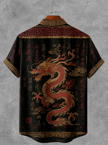 Men's Japanese Calligraphy Dragon Art Pattern Casual Linen Shirt