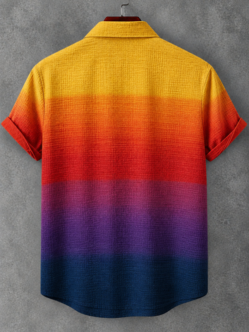 Men's Retro Casual Rainbow Gradient Color Block Fun Black Cat Print Summer Shirt