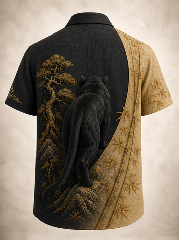 Men's Vintage Black Panther And Bamboo Print Short Sleeve Shirt