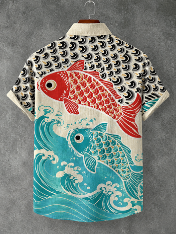 Men's Retro Art Color Block Fish Print Cotton Linen Short-sleeve Shirt