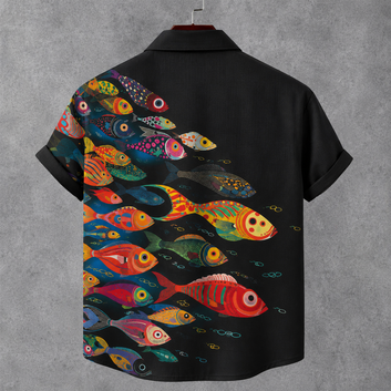 Men's Retro Japanese Art Koi Print Cotton Linen Short-sleeve Shirt