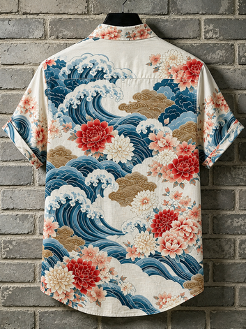 Men's Short-sleeve Button-down Shirt With Japanese Traditional Great Wave And Peony Flower Print