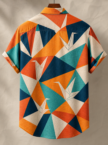 Men's Japanese Style Origami Crane Geometric Colorblock Short Sleeve Shirt
