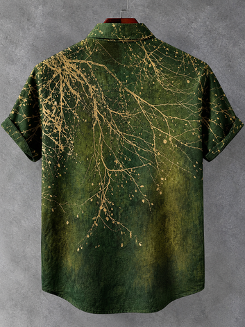 Men's Vintage Plant-printed Art Casual Cotton And Linen Short-sleeved Shirt