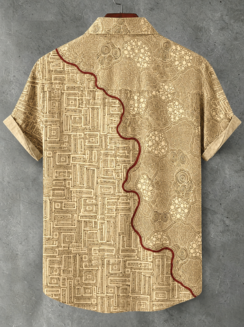 Men's Short-sleeve Button-down Shirt With Japanese Traditional Great Wave And Peony Flower Print (Copy)
