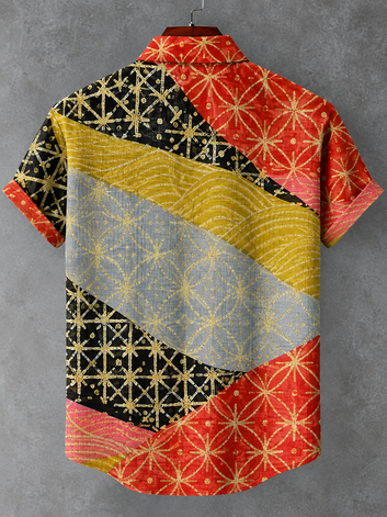 Color Match Splice Golden Vintage Art Print Casual Shirt