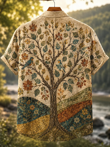 Men's Retro Bohemia Fox In Fall Forest Graphic Print Short Sleeve Shirt