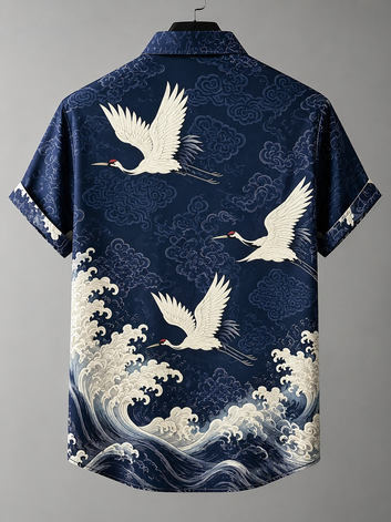 Men's Retro Bohemian Japanese Art Crane And Wave Print Cotton Linen Short-sleeve Shirt