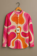 Vibrant Pink & Orange Abstract Wave Print Band Collar Shirt