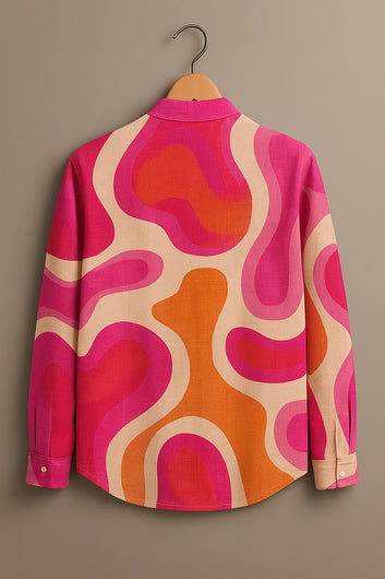 Vibrant Pink & Orange Abstract Wave Print Band Collar Shirt