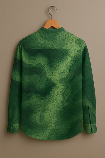 Green Wavy Contour Stand Collar Shirt