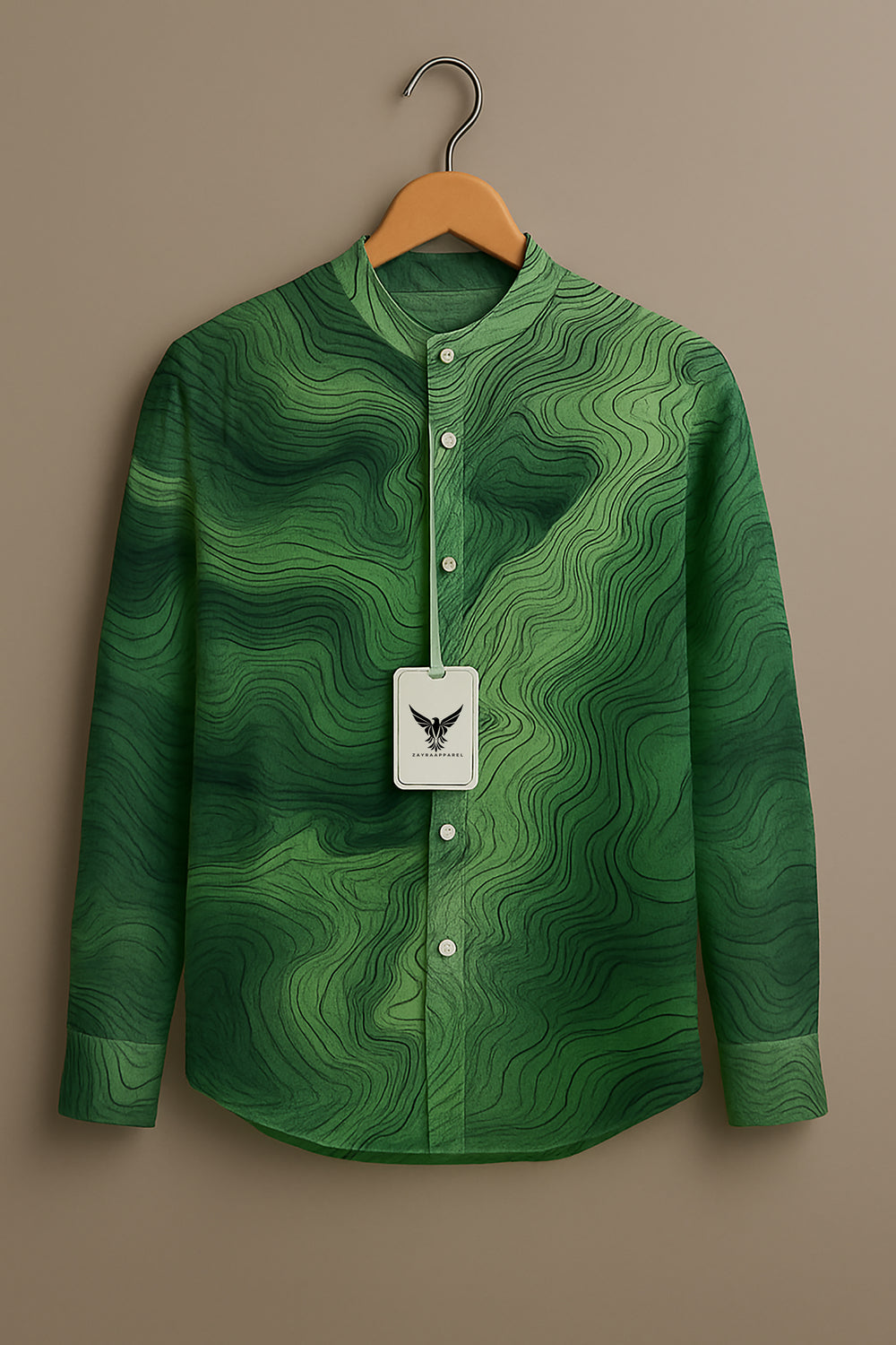 Green Wavy Contour Stand Collar Shirt