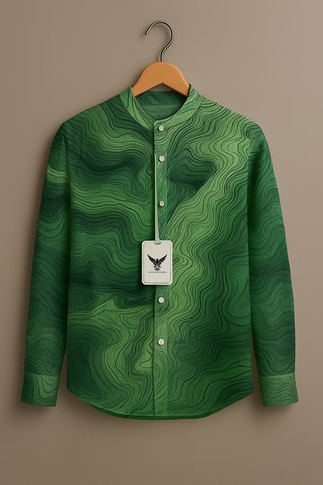 Green Wavy Contour Stand Collar Shirt