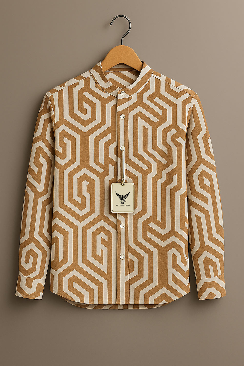 Retro Hexagon Pattern Mandarin Collar Full Sleeve Shirt