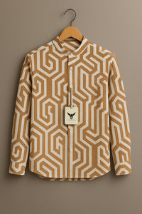 Retro Hexagon Pattern Mandarin Collar Full Sleeve Shirt