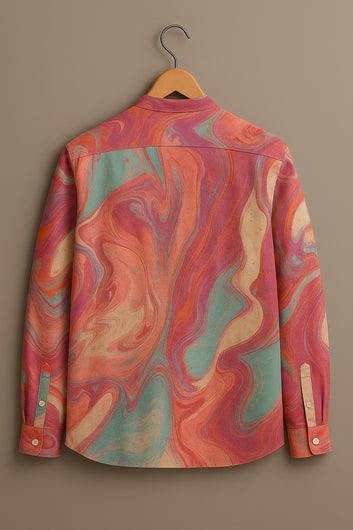 Men's Sunset Abstract Marble Print Band Collar Shirt