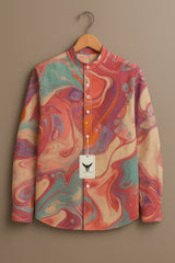 Men's Sunset Abstract Marble Print Band Collar Shirt