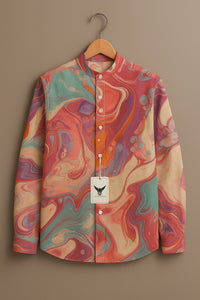 Men's Sunset Abstract Marble Print Band Collar Shirt