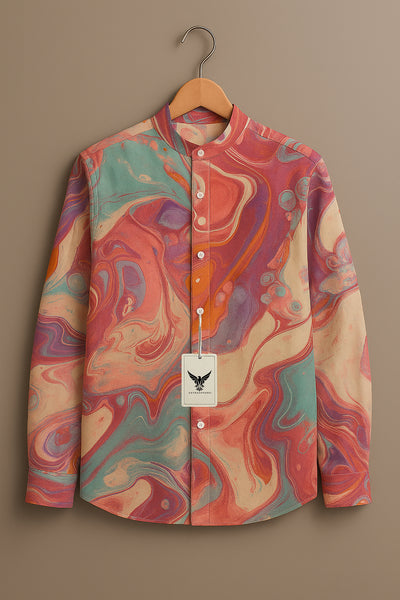 Men's Sunset Abstract Marble Print Band Collar Shirt