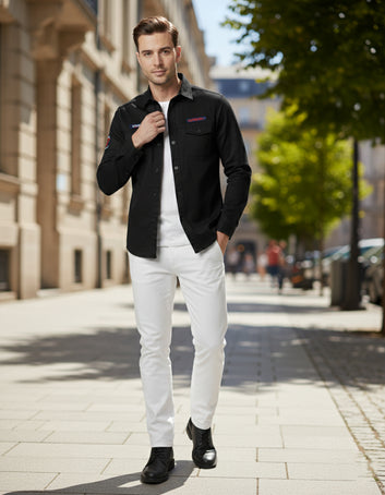 Men's Black Slim Fit Casual Shirt with Utility Pockets & Patches