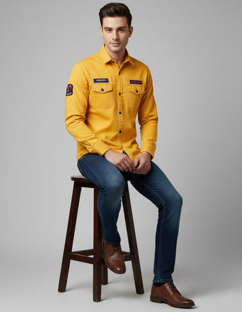 Men's Mustard Yellow Utility Shirt - Long Sleeve Slim Fit with Flap Pockets