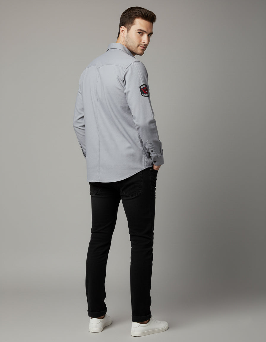 Men's Slim Fit Grey Casual Shirt | Utility Pockets & Tactical Patches