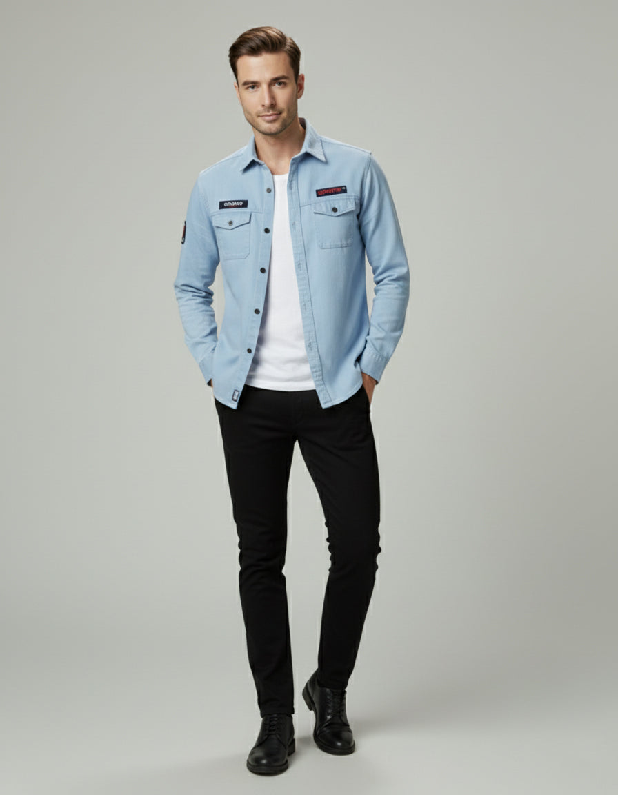 The Vintage Wash Light Blue Casual Shirt | Patched Utility Style