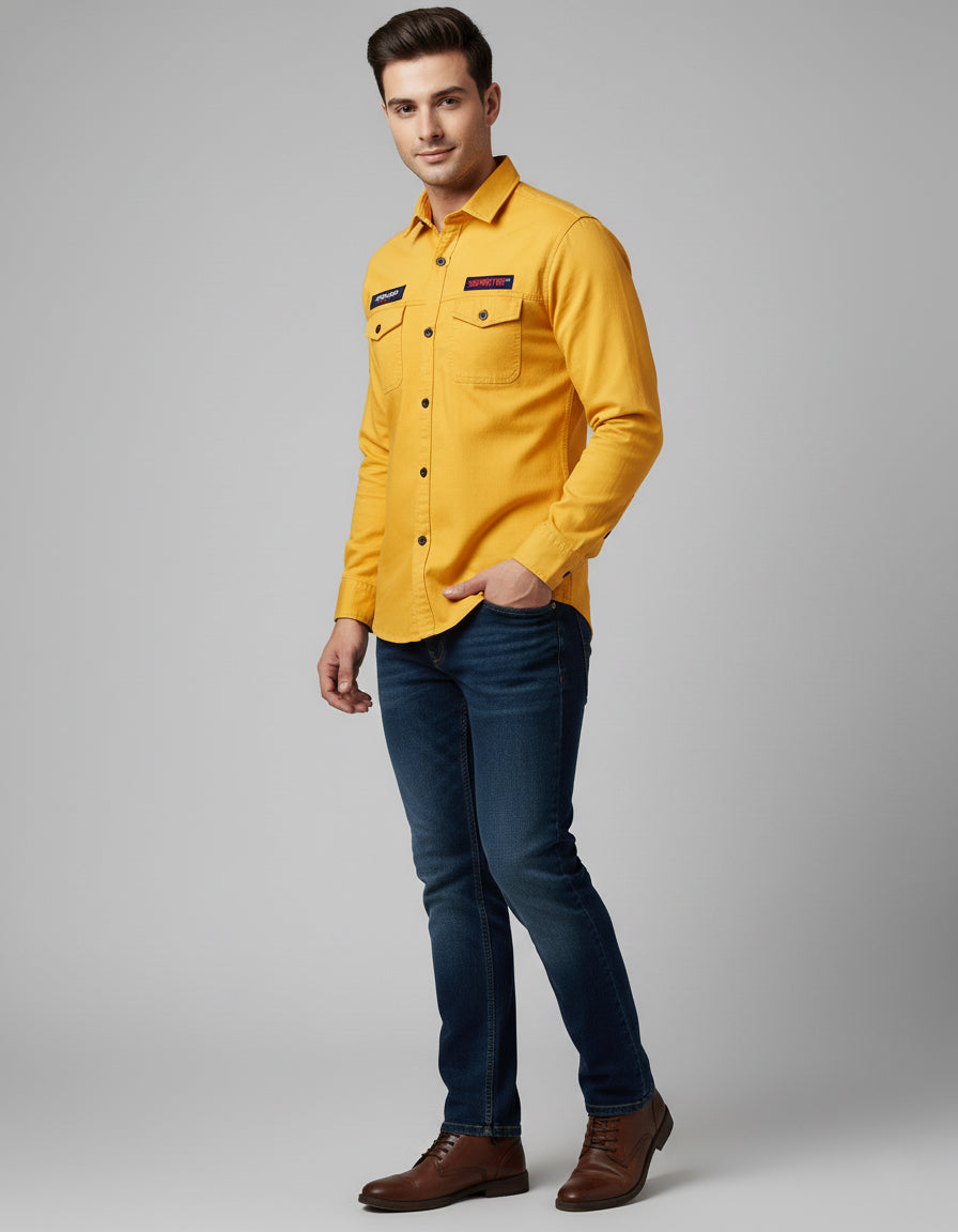 Men's Mustard Yellow Utility Shirt - Long Sleeve Slim Fit with Flap Pockets