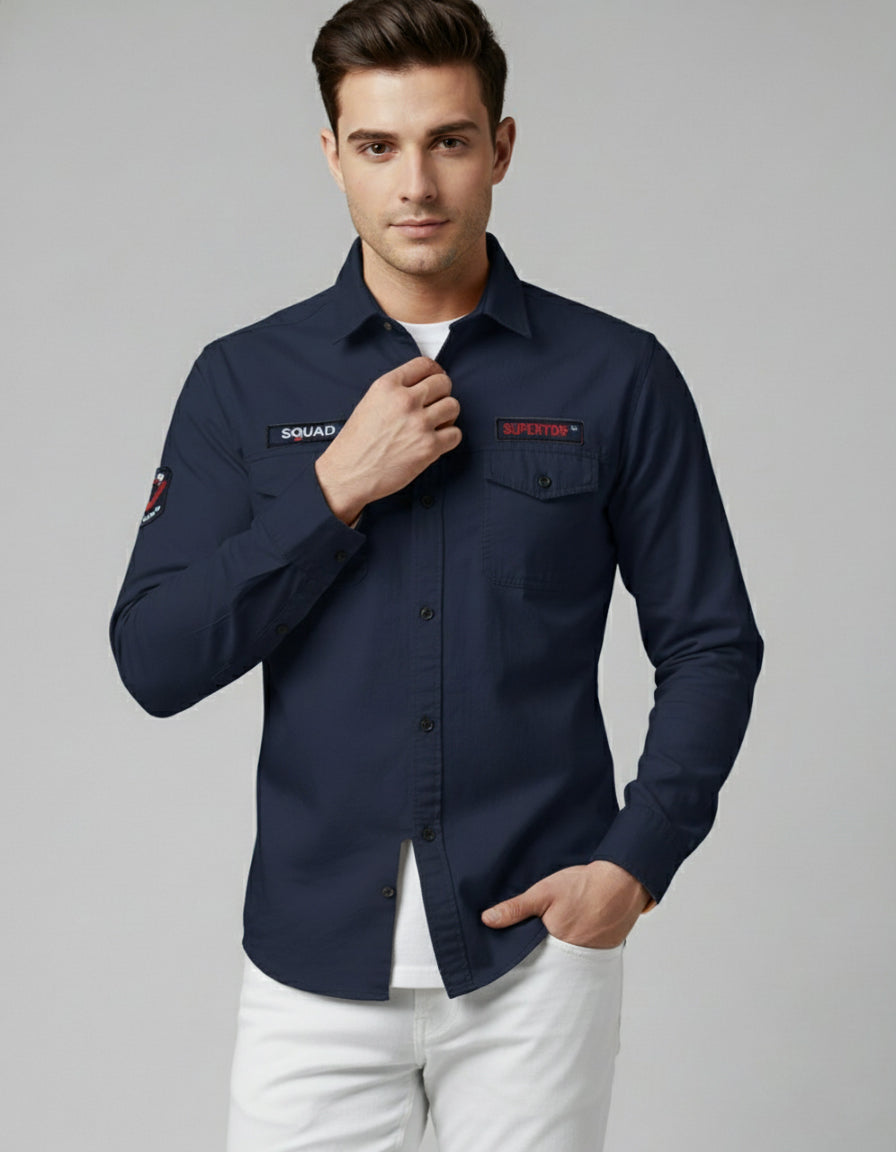 Utility Style Navy Shirt with 'Squad' Patches | Button-Down Casual Wear