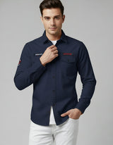 Utility Style Navy Shirt with 'Squad' Patches | Button-Down Casual Wear