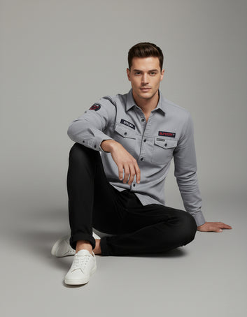 Men's Slim Fit Grey Casual Shirt | Utility Pockets & Tactical Patches