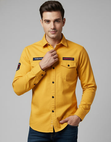 Men's Mustard Yellow Utility Shirt - Long Sleeve Slim Fit with Flap Pockets