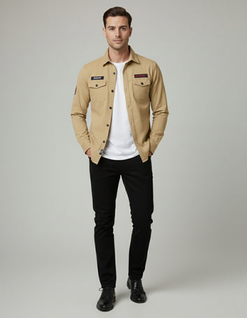 Khaki Designer Casual Shirt for Men | Tactical Patches | Full Sleeve Slim Fit