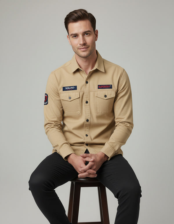 Khaki Designer Casual Shirt for Men | Tactical Patches | Full Sleeve Slim Fit