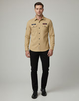 Khaki Designer Casual Shirt for Men | Tactical Patches | Full Sleeve Slim Fit