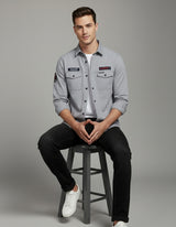 Men's Slim Fit Grey Casual Shirt | Utility Pockets & Tactical Patches