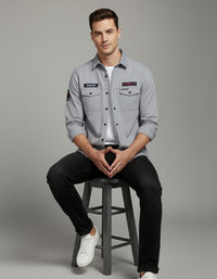 Men's Slim Fit Grey Casual Shirt | Utility Pockets & Tactical Patches