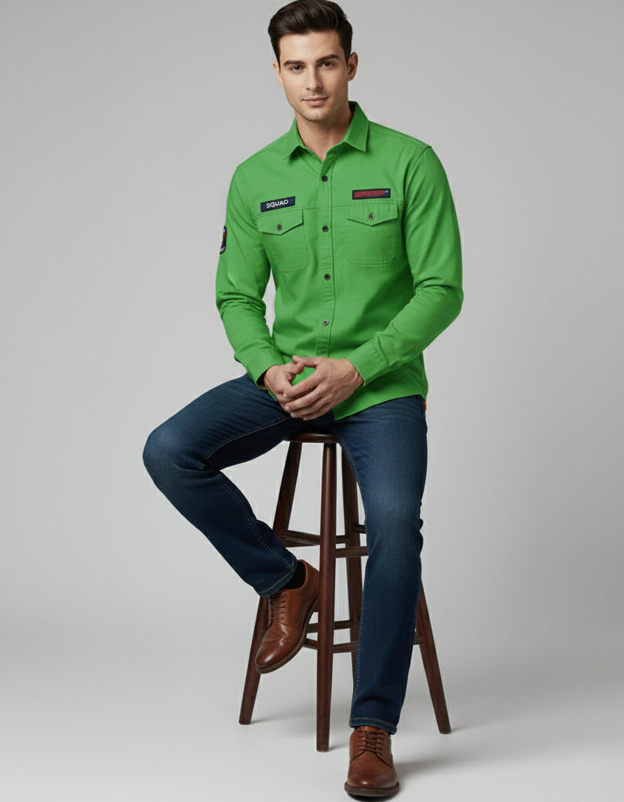 Vibrant Green Cotton Casual Shirt with Chest Pocket & Appliqués