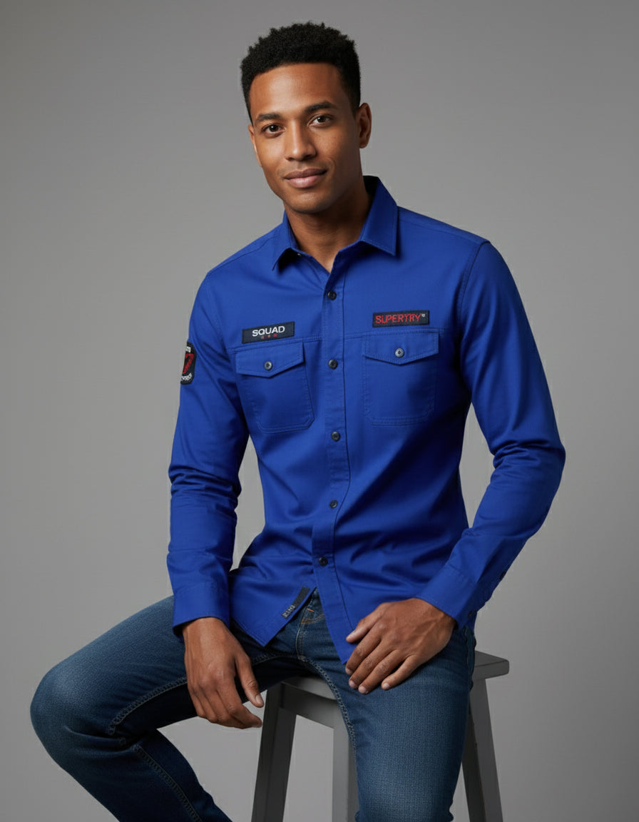 The Bold Cobalt Blue Casual Shirt | Patched Utility Style