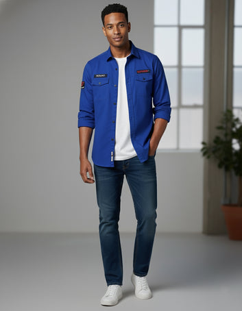 The Bold Cobalt Blue Casual Shirt | Patched Utility Style